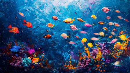 An abstract oil painting featuring a school of colorful tropical fish swimming in a vivid, textured underwater scene.の素材