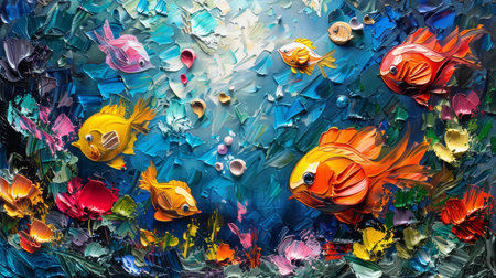 An abstract oil painting featuring a school of colorful tropical fish swimming in a vivid, textured underwater scene.の素材