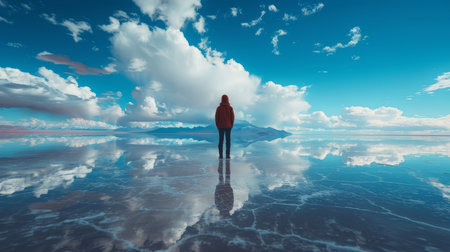 A solitary figure stands immersed in reflection on the mirror-like Uyuni Salt Flats under a vast sky of clouds.の素材