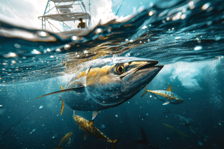 Dramatic underwater perspective of a large tuna with a fishing boat in the background, highlighting the excitement of sport fishing.の素材