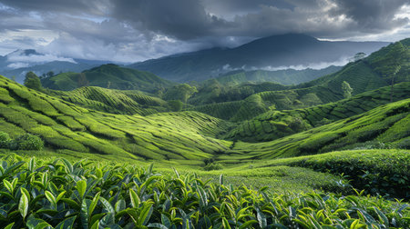 Lush green tea plantations cover undulating hills against a cloudy sky, evoking serenity and agricultural beauty.の素材