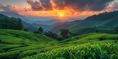 Lush green tea plantations cover undulating hills against a cloudy sky, evoking serenity and agricultural beauty.の素材
