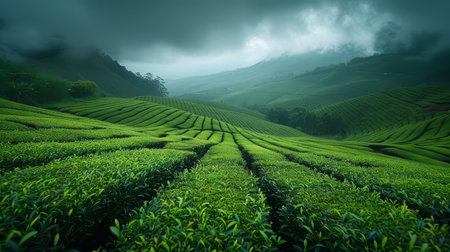 Lush green tea plantations cover undulating hills against a cloudy sky, evoking serenity and agricultural beauty.の素材