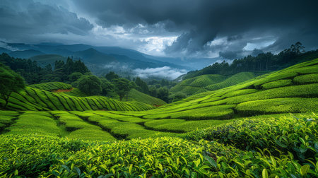 Lush green tea plantations cover undulating hills against a cloudy sky, evoking serenity and agricultural beauty.の素材