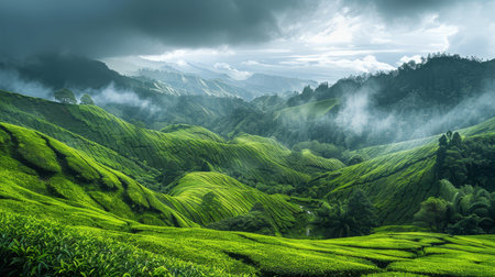 Lush green tea plantations cover undulating hills against a cloudy sky, evoking serenity and agricultural beauty.の素材