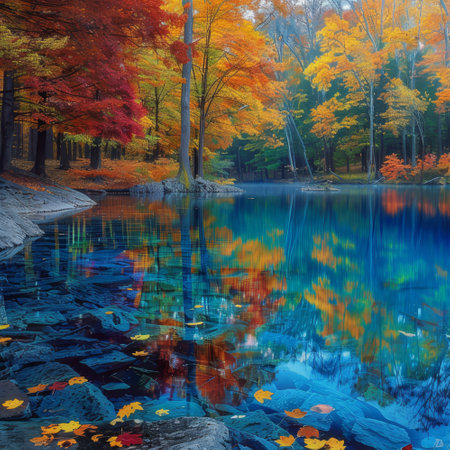 Vibrant autumn leaves reflect in a crystal-clear mountain lake, flanked by a backdrop of majestic mountains.の素材