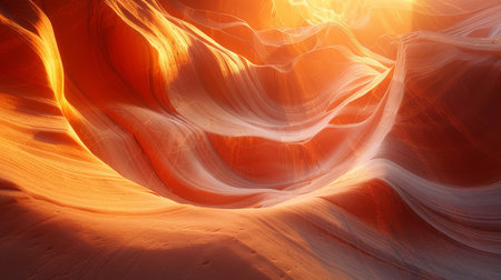 Sunlight filters through the smooth, wave-like sandstone walls of Antelope Canyon, creating a warm, glowing effect.の素材