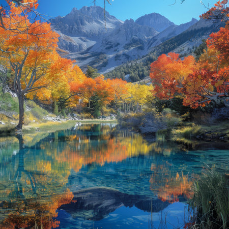 Vibrant autumn leaves reflect in a crystal-clear mountain lake, flanked by a backdrop of majestic mountains.の素材
