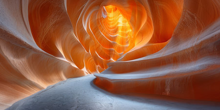 Sunlight filters through the smooth, wave-like sandstone walls of Antelope Canyon, creating a warm, glowing effect.の素材
