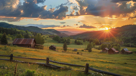 A breathtaking sunset bathes rustic cabins and rolling hills in a warm, golden light with majestic mountains in the distance.の素材