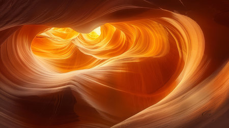 Sunlight filters through the smooth, wave-like sandstone walls of Antelope Canyon, creating a warm, glowing effect.の素材