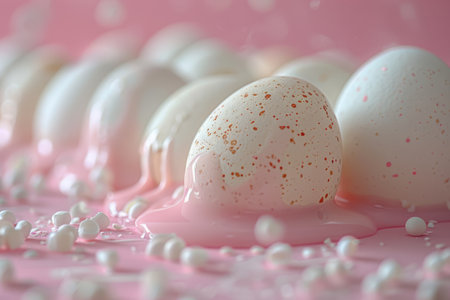 Close-up of speckled pastel Easter eggs and a cracked white chocolate egg on a pink background.の素材