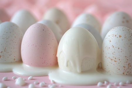 Close-up of speckled pastel Easter eggs and a cracked white chocolate egg on a pink background.の素材