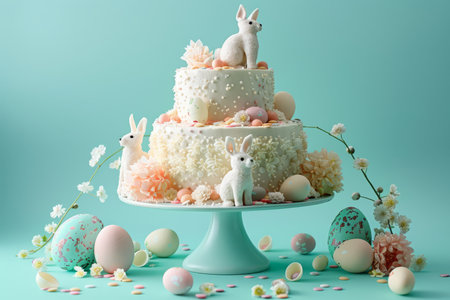 A festive Easter celebration table with a pastel-colored layered cake surrounded by decorated eggs and blossoms.の素材