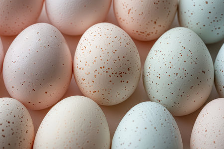 A variety of patterned Easter eggs in soft pastel shades showcasing different decorative techniques.の素材