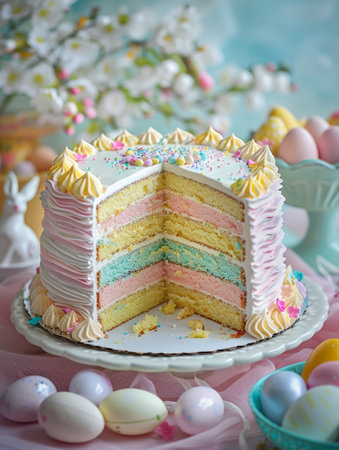 A festive Easter celebration table with a pastel-colored layered cake surrounded by decorated eggs and blossoms.の素材