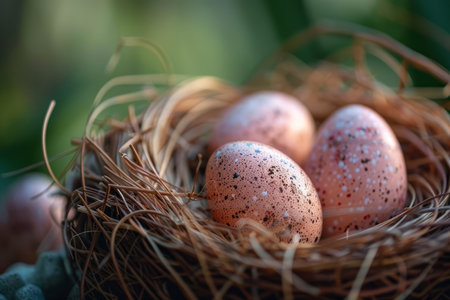 Close-up of speckled Easter eggs in a warm, sunlit nest, evoking the cozy essence of spring.の素材