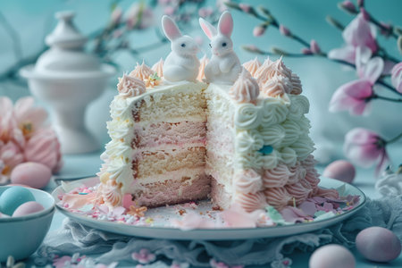 A festive Easter celebration table with a pastel-colored layered cake surrounded by decorated eggs and blossoms.の素材