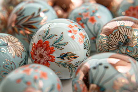 A variety of patterned Easter eggs in soft pastel shades showcasing different decorative techniques.の素材