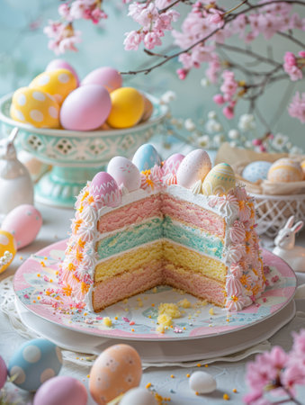 A festive Easter celebration table with a pastel-colored layered cake surrounded by decorated eggs and blossoms.の素材
