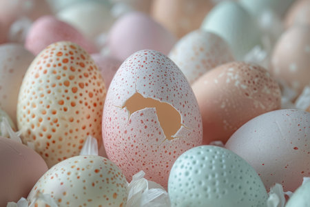 Macro shot of a single cracked Easter egg with water droplets among a collection of colorful, intact eggs.の素材