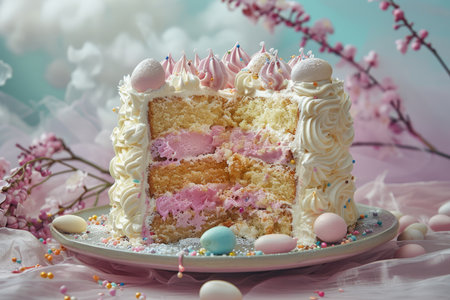 A festive Easter celebration table with a pastel-colored layered cake surrounded by decorated eggs and blossoms.の素材