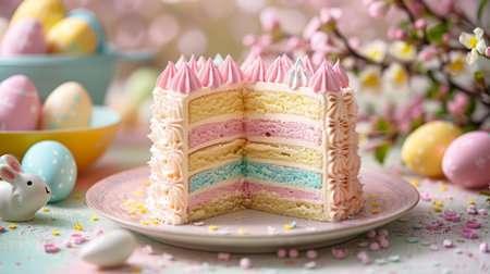 A festive Easter celebration table with a pastel-colored layered cake surrounded by decorated eggs and blossoms.の素材
