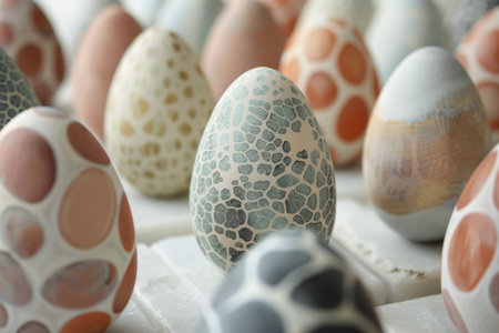 A variety of patterned Easter eggs in soft pastel shades showcasing different decorative techniques.の素材