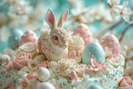 A festive Easter celebration table with a pastel-colored layered cake surrounded by decorated eggs and blossoms.の素材