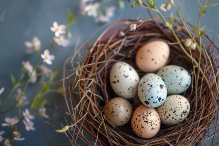 Close-up of speckled Easter eggs in a warm, sunlit nest, evoking the cozy essence of spring.の素材