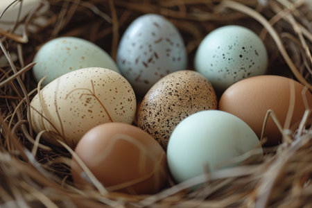 Close-up of speckled Easter eggs in a warm, sunlit nest, evoking the cozy essence of spring.の素材