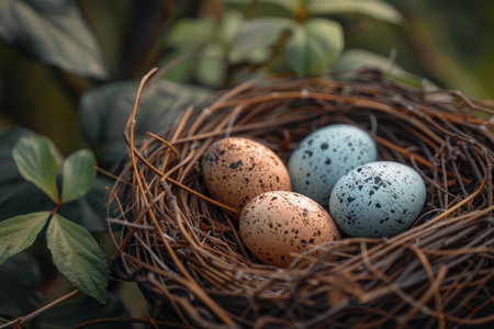 Close-up of speckled Easter eggs in a warm, sunlit nest, evoking the cozy essence of spring.の素材