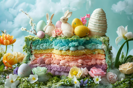 A whimsical Easter cake with vibrant layers sits amidst a fantasy spring landscape with eggs and flowers.の素材