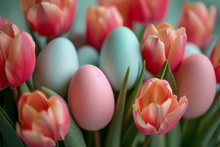 Delicate speckled Easter eggs hidden among blooming pink tulips, symbolizing spring's arrival.の素材