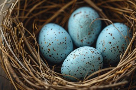 Close-up of speckled Easter eggs in a warm, sunlit nest, evoking the cozy essence of spring.の素材