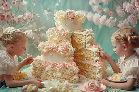 children's group delight in eating a colorful, multi-layered Easter cake during a festive celebration.の素材