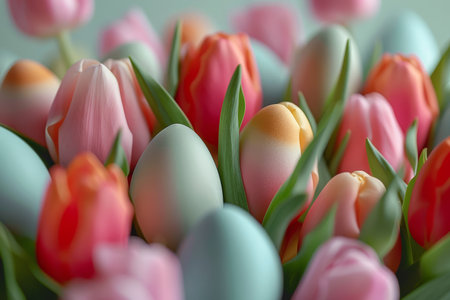 Delicate speckled Easter eggs hidden among blooming pink tulips, symbolizing spring's arrival.の素材