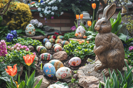A charming Easter bunny figurine surrounded by colorful eggs and vibrant spring flowers.の素材
