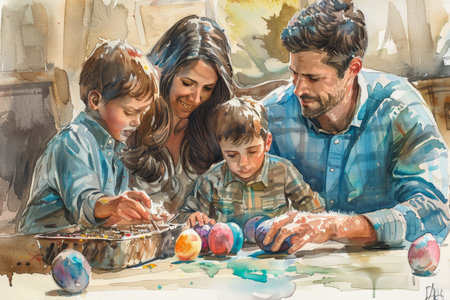 Watercolor painting of a family happily engaged in decorating Easter eggs, showcasing warmth and togetherness.の素材