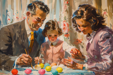 Watercolor painting of a family happily engaged in decorating Easter eggs, showcasing warmth and togetherness.の素材