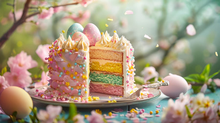 A festive Easter celebration table with a pastel-colored layered cake surrounded by decorated eggs and blossoms.の素材