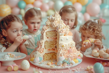 children's group delight in eating a colorful, multi-layered Easter cake during a festive celebration.の素材