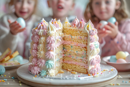 children's group delight in eating a colorful, multi-layered Easter cake during a festive celebration.の素材