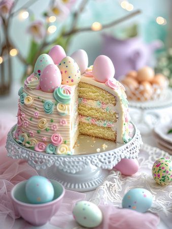 A festive Easter celebration table with a pastel-colored layered cake surrounded by decorated eggs and blossoms.の素材