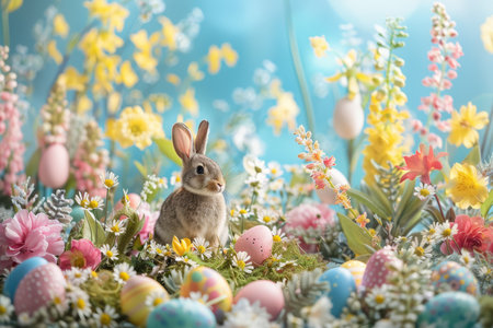 A charming Easter bunny figurine surrounded by colorful eggs and vibrant spring flowers.の素材