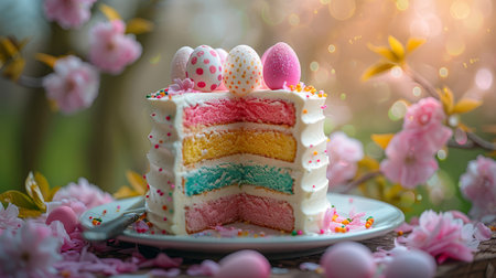 A festive Easter celebration table with a pastel-colored layered cake surrounded by decorated eggs and blossoms.の素材