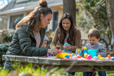 A young girl with a beaming smile collecting Easter eggs in a sunlit field during a family egg hunt.の素材