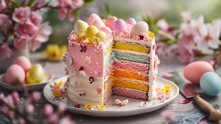A festive Easter celebration table with a pastel-colored layered cake surrounded by decorated eggs and blossoms.の素材