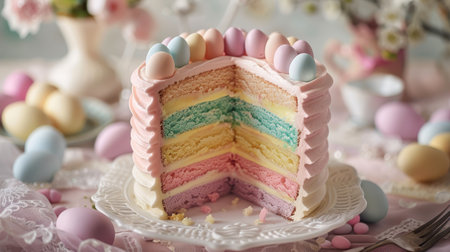 A festive Easter celebration table with a pastel-colored layered cake surrounded by decorated eggs and blossoms.の素材