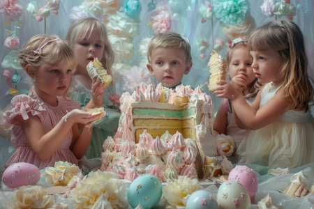 children's group delight in eating a colorful, multi-layered Easter cake during a festive celebration.の素材